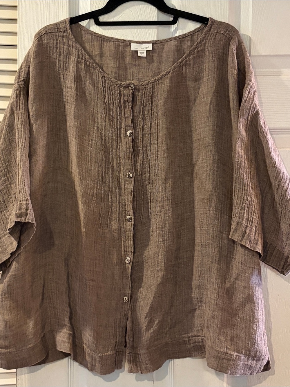 PureJill J Jill 100% Linen Pintuck Button Top L Brown Boxy Lagenlook Coastal